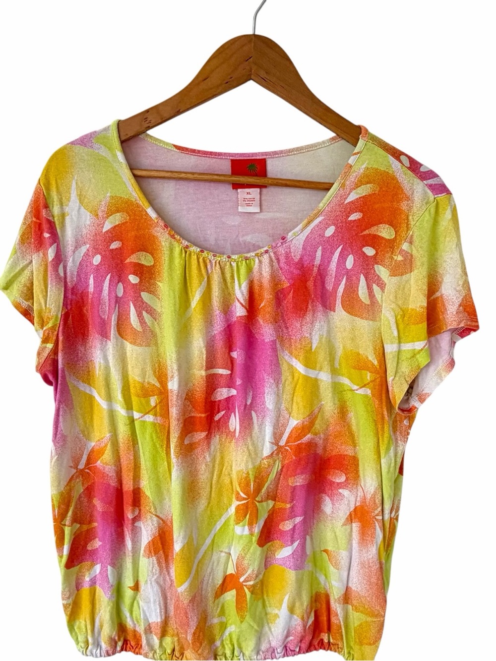 Hearts of Palm Tropical Floral Top XL Short Sleeve Stretch Blouse
